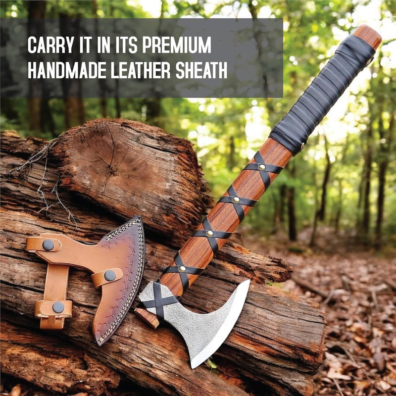 FH TRADERS Viking Axe of Ragnar Lothbrok Hunting Axe with Rosewood Handle - Hand-Forged High Carbon Steel Sharp Blade, Handmade Camping Axes, Hatchet-Norse Ax, Tomahawk Vikings Bearded Axes, with Leather Sheath - Image 5